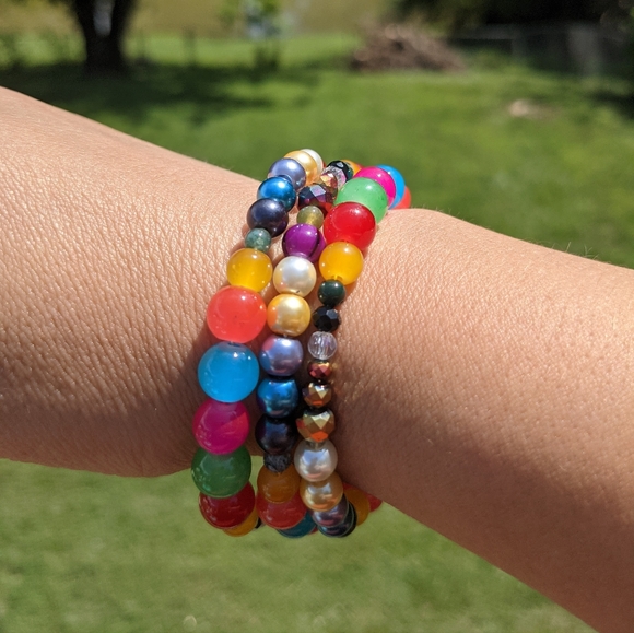 Jasper Beads Bracelet Colorful Rainbow Handmade Memory Wire Jewelry Bright Color - Picture 7 of 11